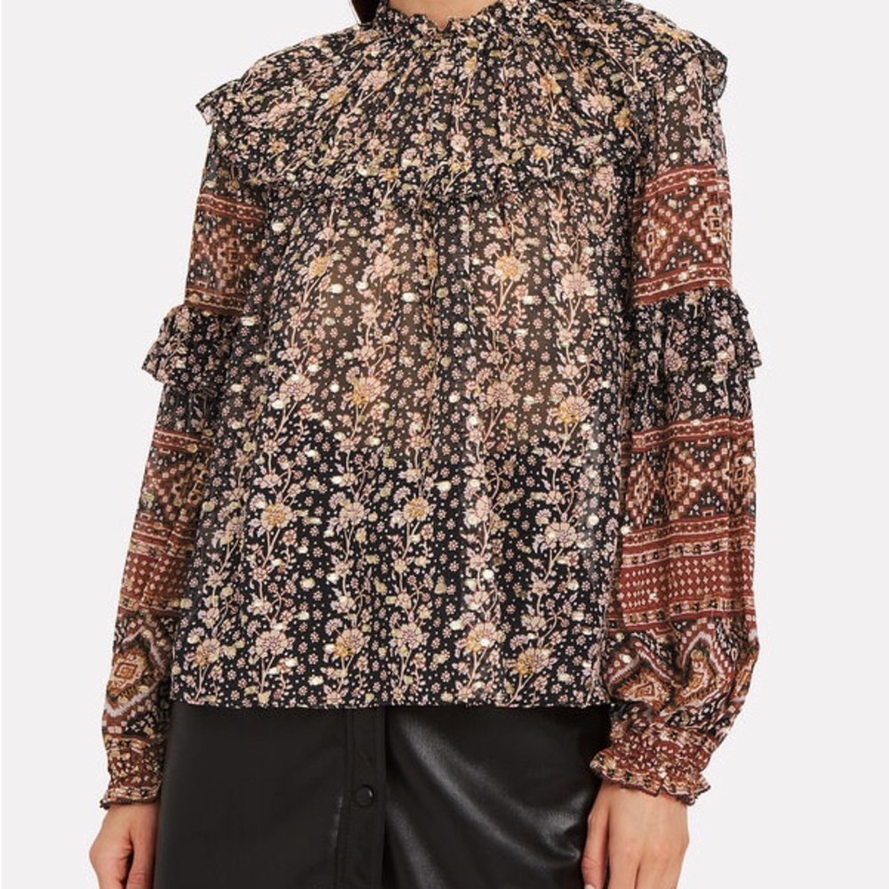 Ulla Johnson Eleni Silk Ruffled Floral Metallic Dot Long Sleeve Blouse 0